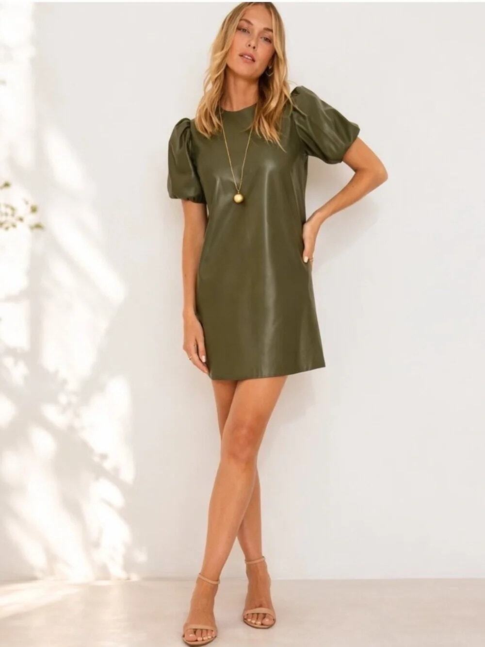HYACINTH HOUSE Faux Leather Olive Dress Size L NWT Retail $168